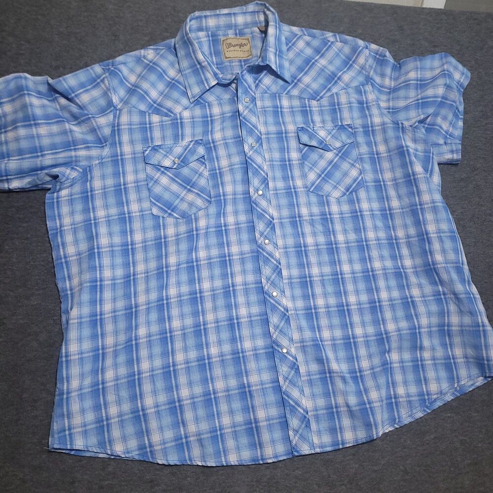 Wrangler western shirts 3XL pearl snap button front plaid shirt collar blue